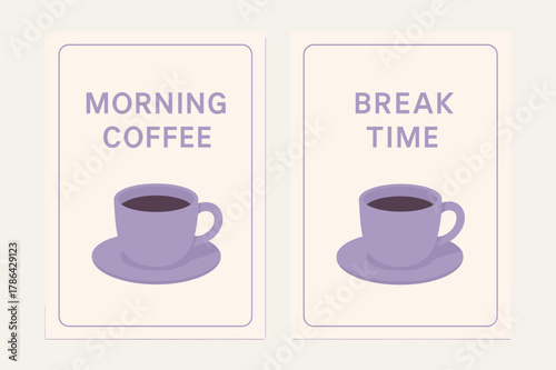 Minimalist Coffee Banners. Staff. Two vertical A6 banners with safe margins, centered composition, no elements touching edges, minimalist, lavender and cream,