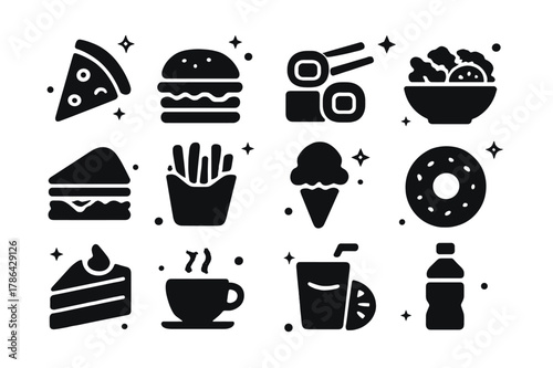 Food Icon Grid. Food. Solid icons set of Food: pizza, burger, sushi, salad, sandwich, fries, icecream, donut, cake, coffee, juice, water. Filled icons set in