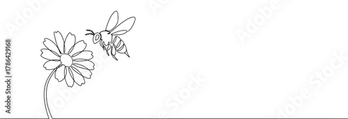 A continuous line art depiction of a busy bee flying towards a blooming flower, illustrating the natural process of pollination and ecosystem, isolated on a white background