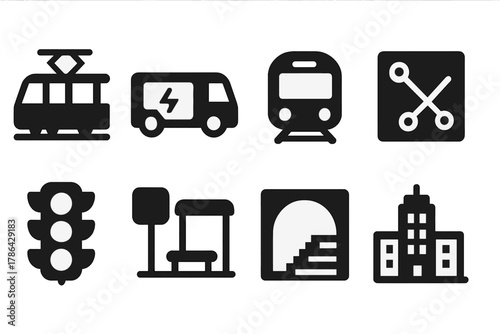 Urban Transit Icons. Urban transit. Filled icon set of urban transit: tram, electric bus, subway, route map,