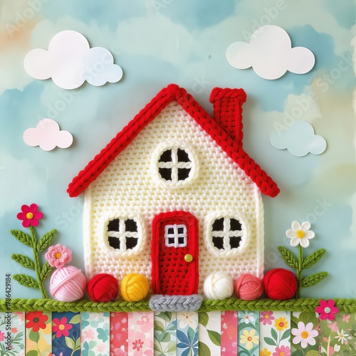 Cute handmade toy house on a blue background with clouds and flowers