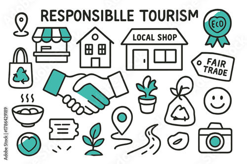 Responsible Tourism Doodles. // Responsible tourism. Hand-drawn doodle illustration Responsible tourism [handshake (accented), local shop (accented), community