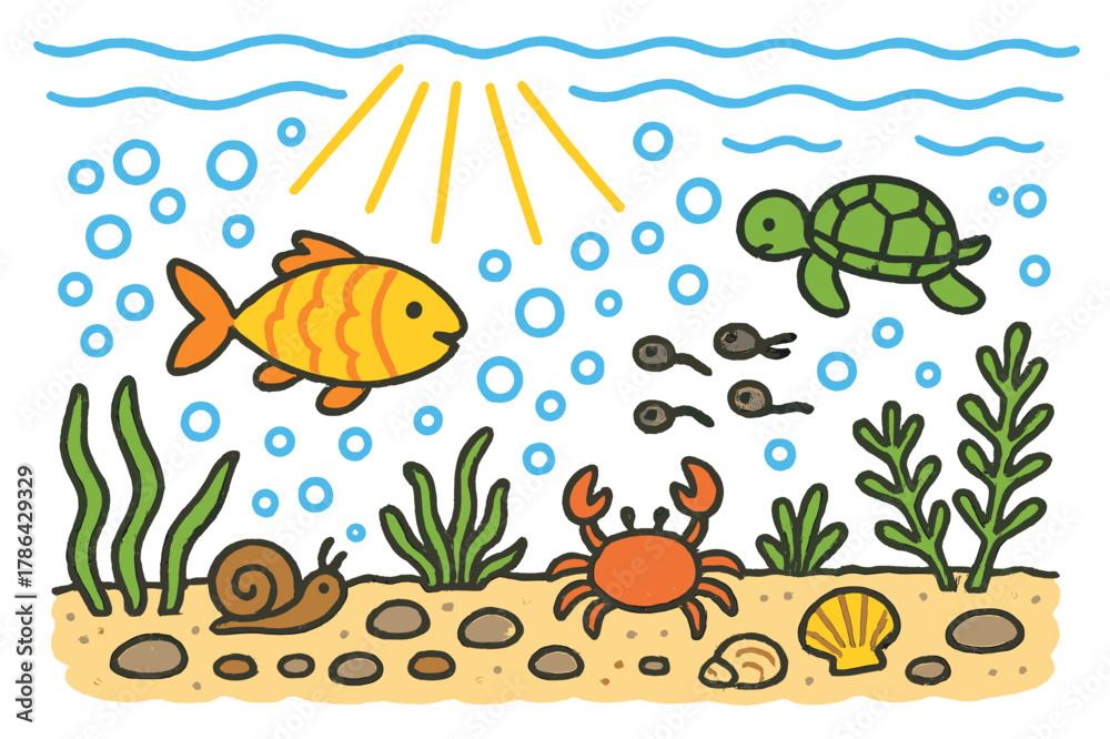 Fototapeta premium Vibrant Underwater Scene. Underwater view. Colorful Hand-drawn doodle Children illustration Underwater view fish, bubbles, stones, plants, sunlight rays,
