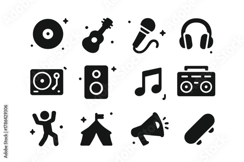 Music Icons Grid. Music and Youth. Solid icons set of Music and Youth: vinyl record, guitar, microphone, headphones, DJ turntable, speaker, music notes,