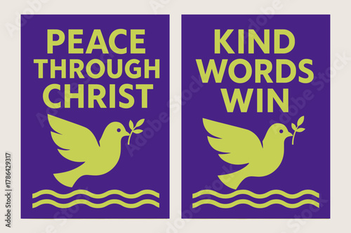 Peaceful Banner Design. Peace. Two vertical A6 banners with safe margins, centered composition, no elements touching edges, geometric, royal purple and lime,