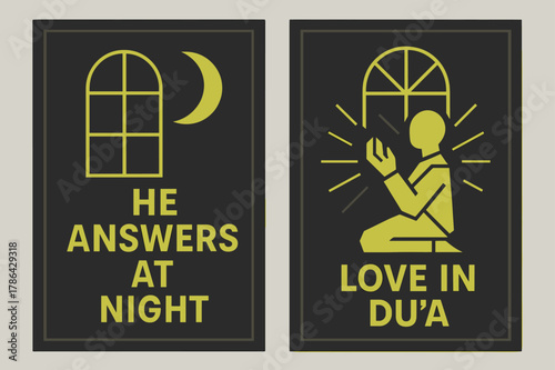 Night Prayer Banners. Night Prayers. Two vertical A6 banners with safe margins, centered composition, no elements touching edges, geometric, charcoal and neon