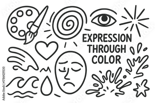 Abstract Expression Doodle. Expression through color. Hand-drawn doodle illustration expression through color palette, brush, swirl, eye, heart, wave, tear,