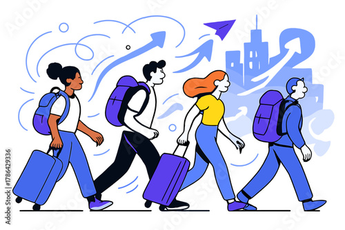 Diverse Urban Migration. Urban migration. Diverse individuals carrying luggage and backpacks moving toward