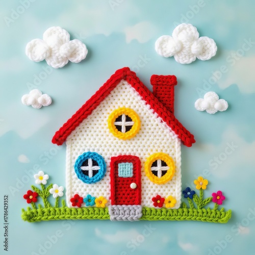 Cute handmade toy house on a blue background with clouds and flowers
