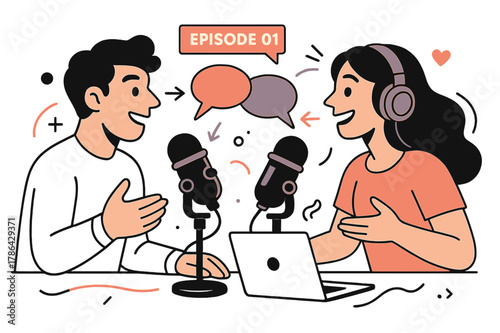 Podcast Episode Launch. Radio Studio Desk ? Podcast Duo. Two mics face each other over a laptop; speech bubbles bounce between them. A tiny banner says