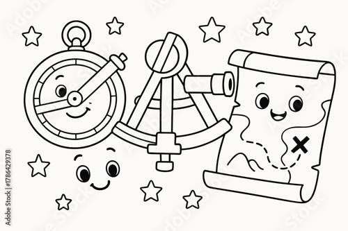 Historic Navigation Tools. Navigation tools of the past children?s coloring book illustration, outlined drawing, friendly cartoon versions of an astrolabe,