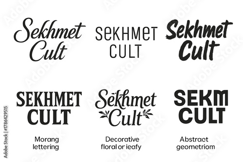 Diverse Lettering Grid. Sekhmet Cult. Set lettering. harmonious lettering variations of the same emblematic concept, each with different artistic
