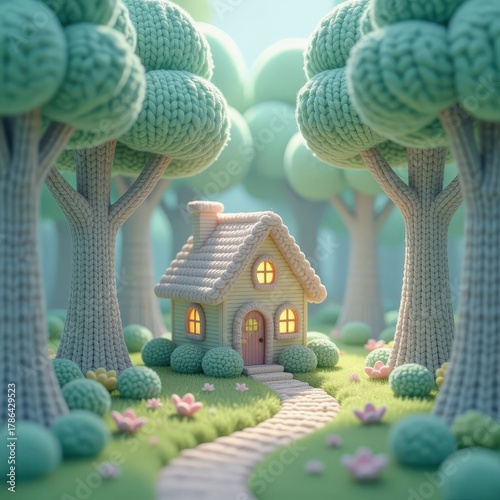 Beautiful handmade toy houses in the forest. Decorated with flowers.