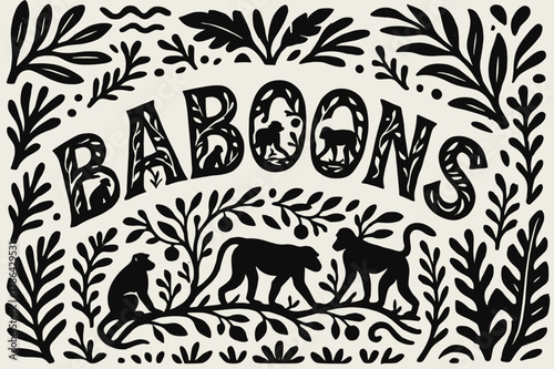 Baboons Silhouette Lettering. Decorative Display Lettering ? "Baboons" with silhouette letters containing tiny baboons, branches, fruit, and tail patterns,