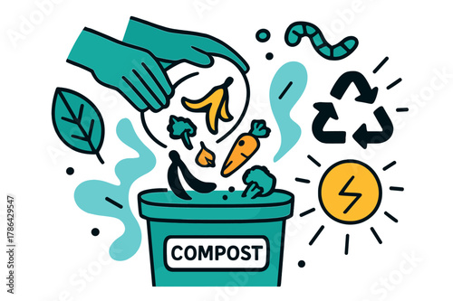 Home Composting Art. Composting at home. Hands adding food scraps to a compost bin with floating abstract