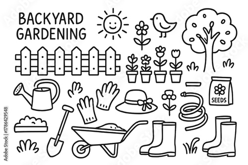 Backyard Gardening Doodles. Backyard gardening. Hand-drawn doodle illustration backyard gardening fence, potted plants, watering can, spade, wheelbarrow,