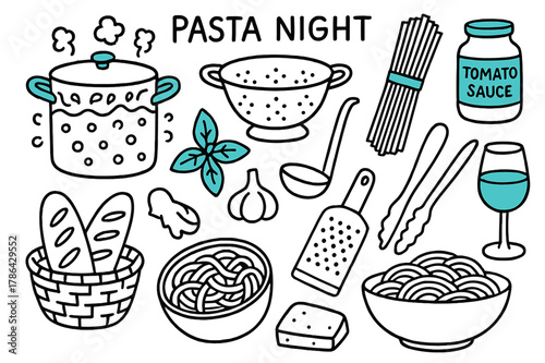 Pasta Night Essentials. // Pasta night. Hand-drawn doodle illustration Pasta night [boiling pot (accented), colander, spaghetti (accented), tomato sauce jar,