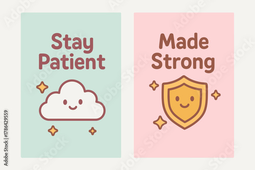 Patience & Power Banners. Patience & Power. Two vertical A6 banners with safe margins, centered composition, no elements touching edges, cartoon, pastel mint