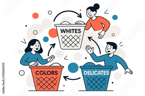 Laundry Sorting Scheme. Organizing Laundry Baskets. Three geometric bins labeled ?Whites,? ?Colors,? and ?Delicates? form a tidy triangle. Floating arrows loop
