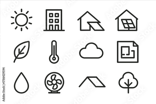 Heat-Resilient Icon Set. Heat-resilient buildings. Line outline icon set of heat-resilient buildings: sun,