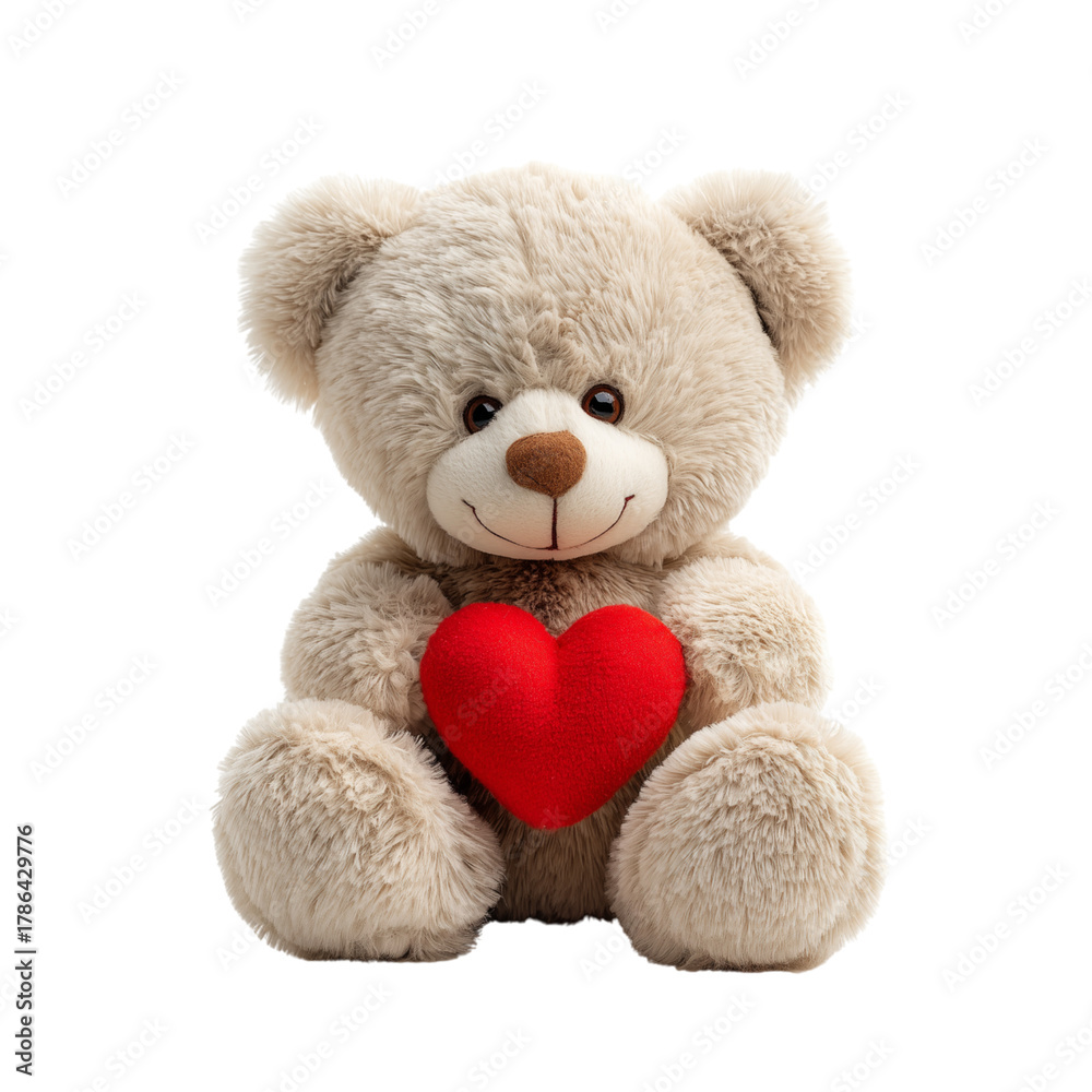 Obraz premium A cute beige teddy bear holding a bright red heart, isolated on a white background. The plush toy looks soft and cuddly, symbolizing love, affection, and warmth. Perfect for Valentine’s Day