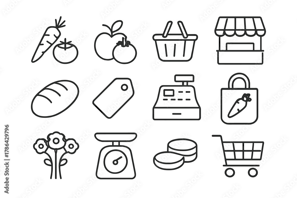 Fototapeta premium Local Produce Icons. Local produce. Line icon set of local produce: fresh vegetables, fruits, shopping basket, vendor stall, bread loaf, price tag, cash
