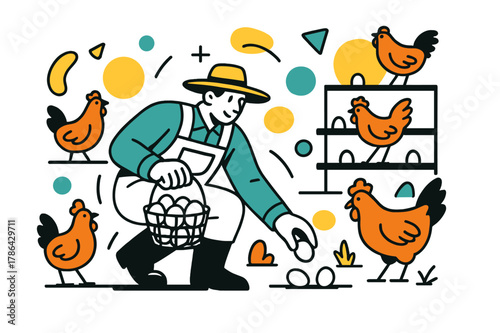 Geometric Farm Vibes. Poultry Farm. Farmer collecting eggs with chickens around and floating abstract geometric shapes, busy and organized farm moment. Modern