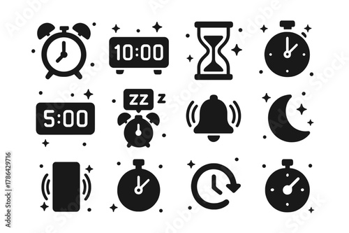 Alarms Icon Set. Alarms and Timers. Solid icons set of Alarms and Timers: analog alarm clock, digital clock, hourglass, stopwatch, countdown digits, snooze