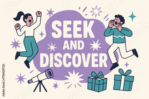 Seek and Discover. Seek and discover banner, flat vector illustration, bold oversized text inside rounded blob, cartoon characters shouting and dancing,