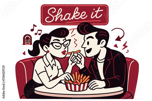 1950s Diner Romance. 1950s diner date. They share fries at a red booth while a tiny jukebox icon hums notes; ?Shake it? shines in neon script. Cat-eye glasses