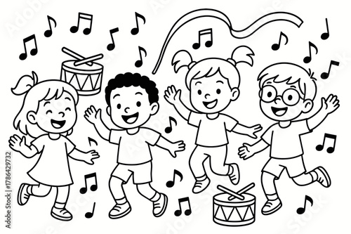 Dancing Children Coloring Book. Dance and rhythm children?s coloring book illustration, outlined drawing, a group of smiling children dancing with music notes,