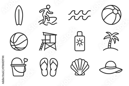 Coastal Activity Icons. Coastal activities. Line icon set of coastal activities: surfboard, surfer, waves, beach ball, volleyball, lifeguard tower, sunscreen