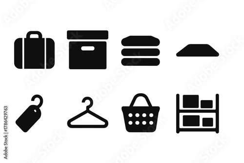 Packing Icon Set. Packing and storing. Filled icon set of packing and storing: suitcase, storage box, folded