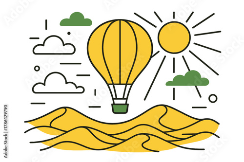 Serene Balloon Voyage. Peaceful journey. Hot air balloon gliding over undulating desert landscape, floating