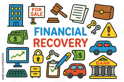 Financial Recovery Doodles. financial recovery. Colorful Hand-drawn doodle Children illustration financial recovery office building, "For Sale" sign, auction