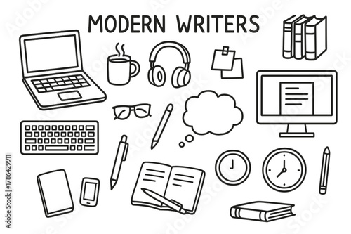 Modern Writing Doodles. Modern writers. Hand-drawn doodle illustration modern writers laptop, keyboard, coffee mug, headphones, notebook, pen, smartphone,
