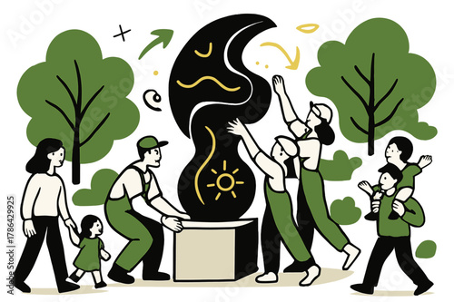 Harmonious Park Sculpture. Sculpture in the park. Artists installing a modern sculpture surrounded by trees