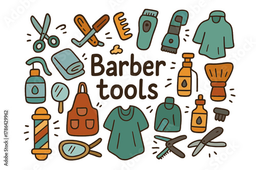 Colorful Barber Tools Doodle. Barber tools. Hand-drawn doodle illustration of Barber tools. Scissors, razor,