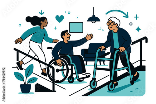 Accessible Modern Living. Inclusive home design. A modern living space with ramps, handrails, and assistive