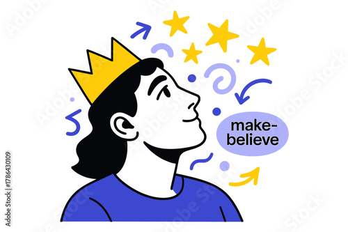 Imaginary Dreams. Conceptual Portrait ? Paper Crown. A subject in a simple paper crown looks skyward; cut-out stars scatter like ideas. Caption ?make-believe?