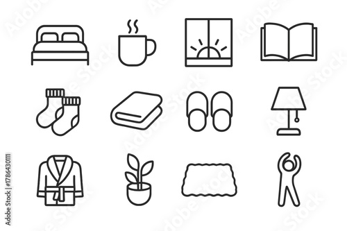 Morning Comfort Icons. Morning Comfort. Line icon set of Morning Comfort: bed with pillows, steaming mug, sunrise window, open book, warm socks, blanket,