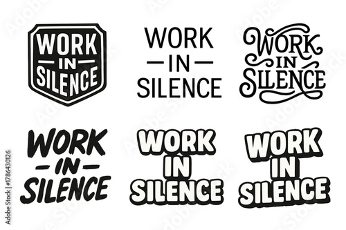 Diverse Lettering Styles. Work in silence. Set lettering. harmonious lettering variations of the same emblematic concept, each with different