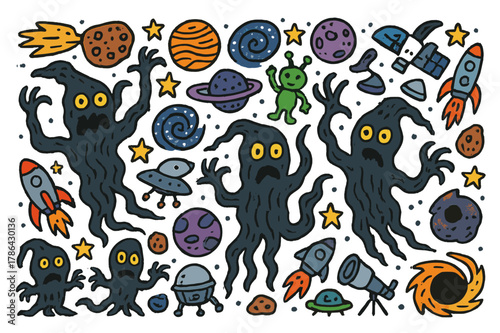 Colorful Cosmic Doodle. Space, dark, twisted figures. Colorful Hand-drawn doodle Children illustration Space, dark, twisted figures, stars, planets, galaxies,