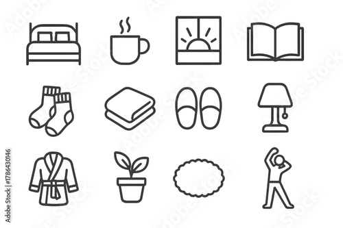 Morning Comfort Icons. Morning Comfort. Line icon set of Morning Comfort: bed with pillows, steaming mug, sunrise window, open book, warm socks, blanket,