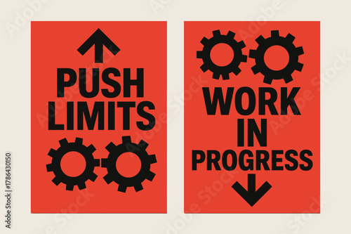 Brutalist Banner Design. Push limits. Two vertical A6 banners with safe margins, centered composition, no elements touching edges, brutalist, black and red,