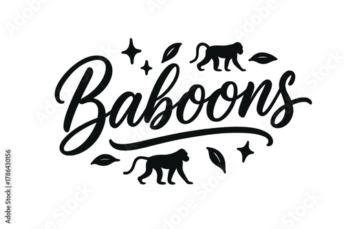 Baboons Hand-Lettering Art. Script Hand-Lettering ? "Baboons" in flowing brush script, semi-cursive with fluid strokes, slight upward tilt to convey movement