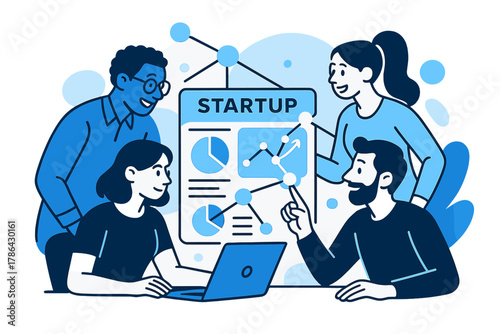 Holographic Team Collaboration. Startup Teamwork. A small diverse team gathers around a holographic startup