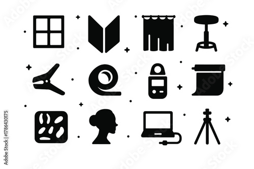 Studio Light Icon Set. Window Light in Studio Photography. Solid icons set of Window Light in Studio Photography: large window, V-flat reflector, diffusion