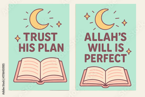 Trust in Allah. Perfect Plan. Two vertical A6 banners with safe margins, centered composition, no elements touching edges, cartoon, pastel mint and pink, open