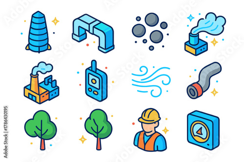 Isometric Environmental Purification Icons. Environmental purification. Colorful isometric vector icons set of environmental purification: air filter tower,